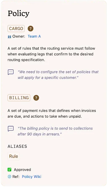 Detailed policy definition in glossary sidepanel
